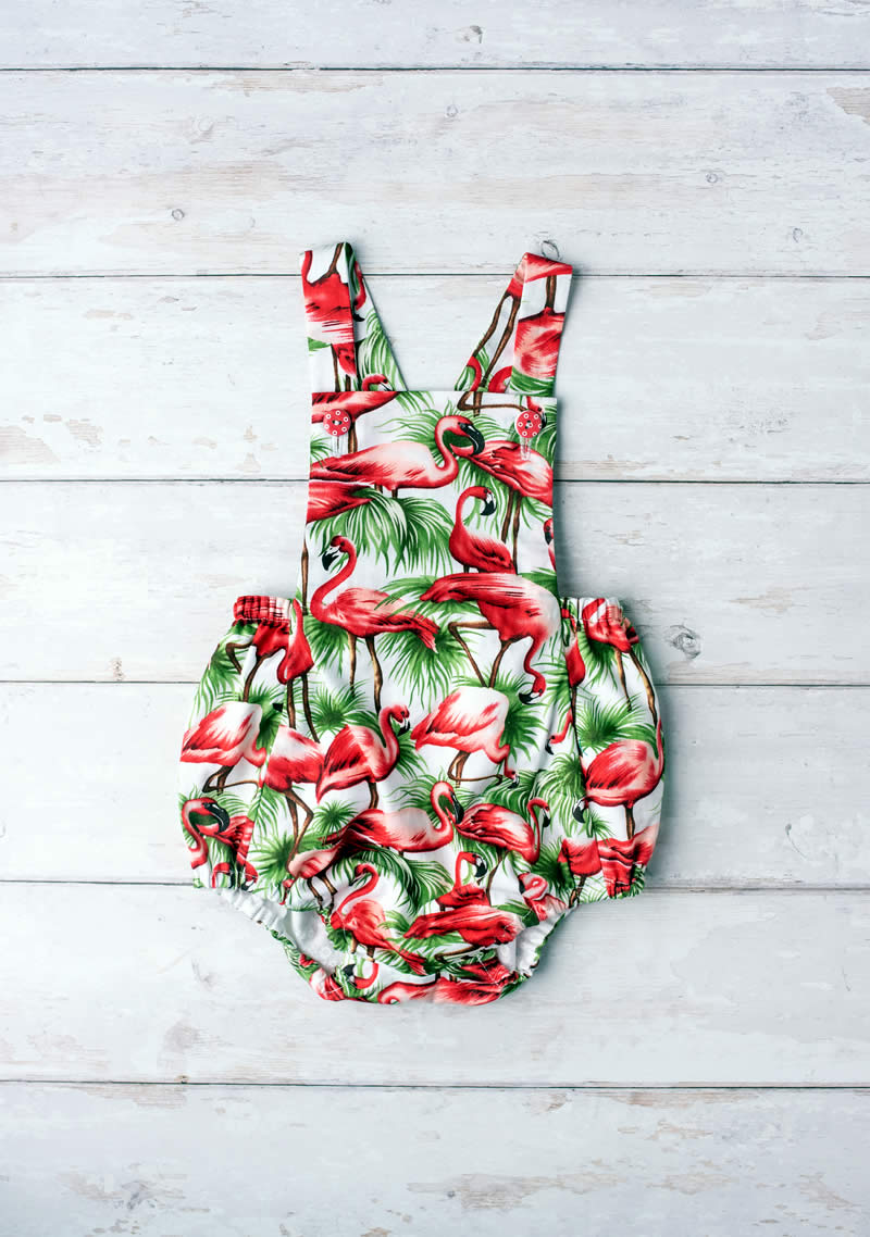 flamingo pattern bubble rompers by made by the sea cornwall