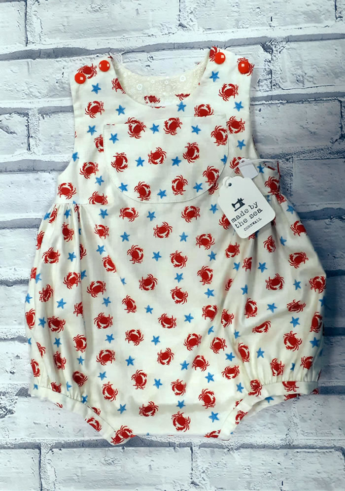 bubble rompers in crab fabric