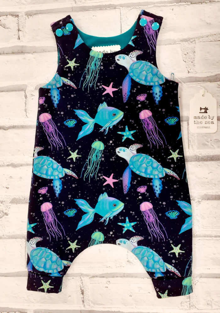 hand made baby harem dungarees in undersea fabric