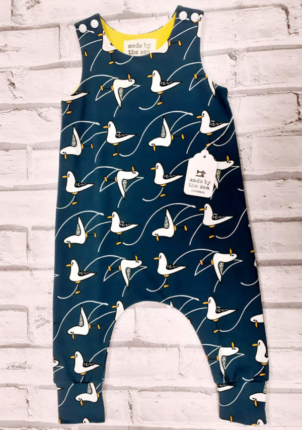 harem dungarees in soft cotton jersey organic fabric seagulls print